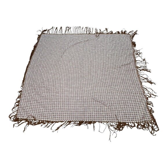 Vintage Checkered Fringe Tablecloth 58X 65 Brown White Cotton Blend Thick Fabric - Picture 3 of 4